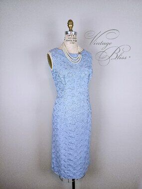 Vintage 1960's Sky Blue Paisley Jacquard Wiggle Sheath Dress